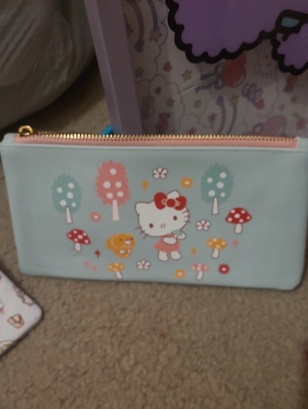Hello Kitty Mint and Pink Kids Zip Pouch with Mushroom Print